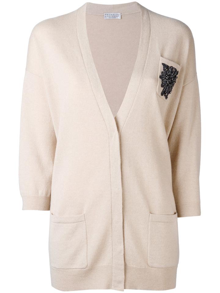 Brunello Cucinelli - Embroidered Cardigan - Women - Cashmere - M, Women's, Nude/neutrals, Cashmere