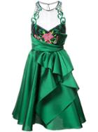 Marchesa Notte Embroidered Halterneck Ruffled Dress - Green