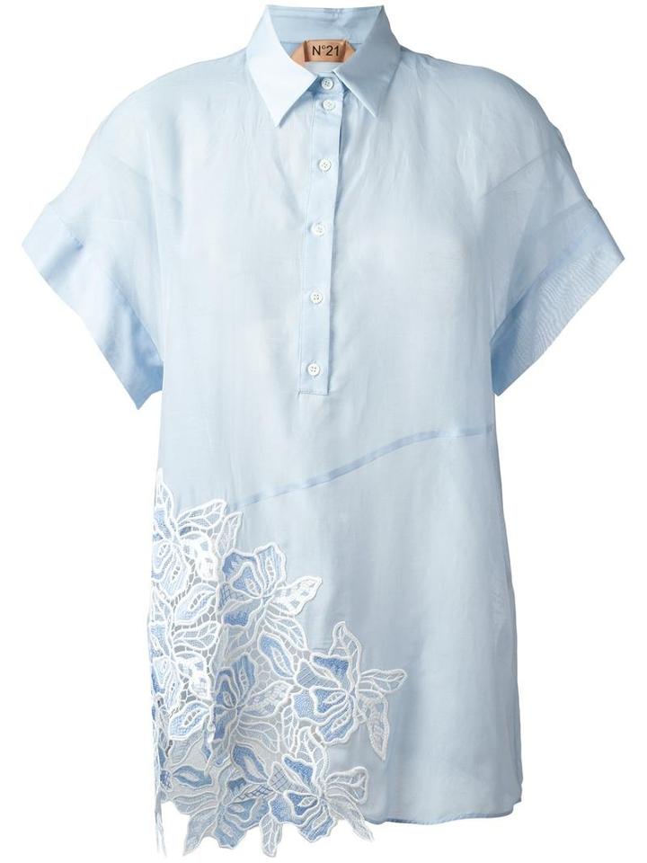 No21 Embroidered Detail Polo Shirt, Women's, Size: 42, Blue, Cotton/silk