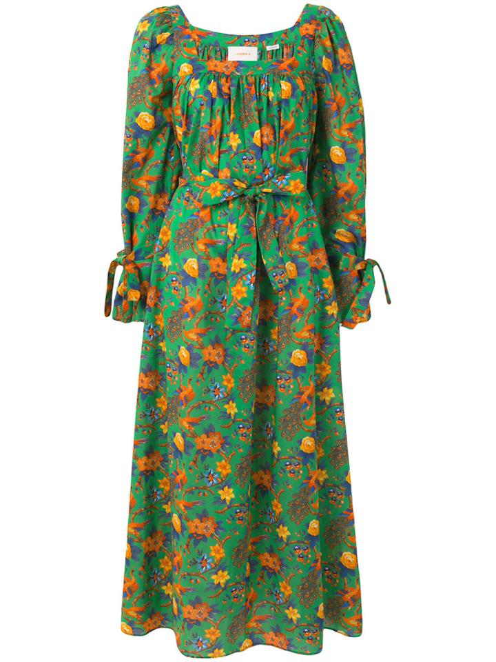 La Doublej Floral Print Balloon Sleeve Dress - Green