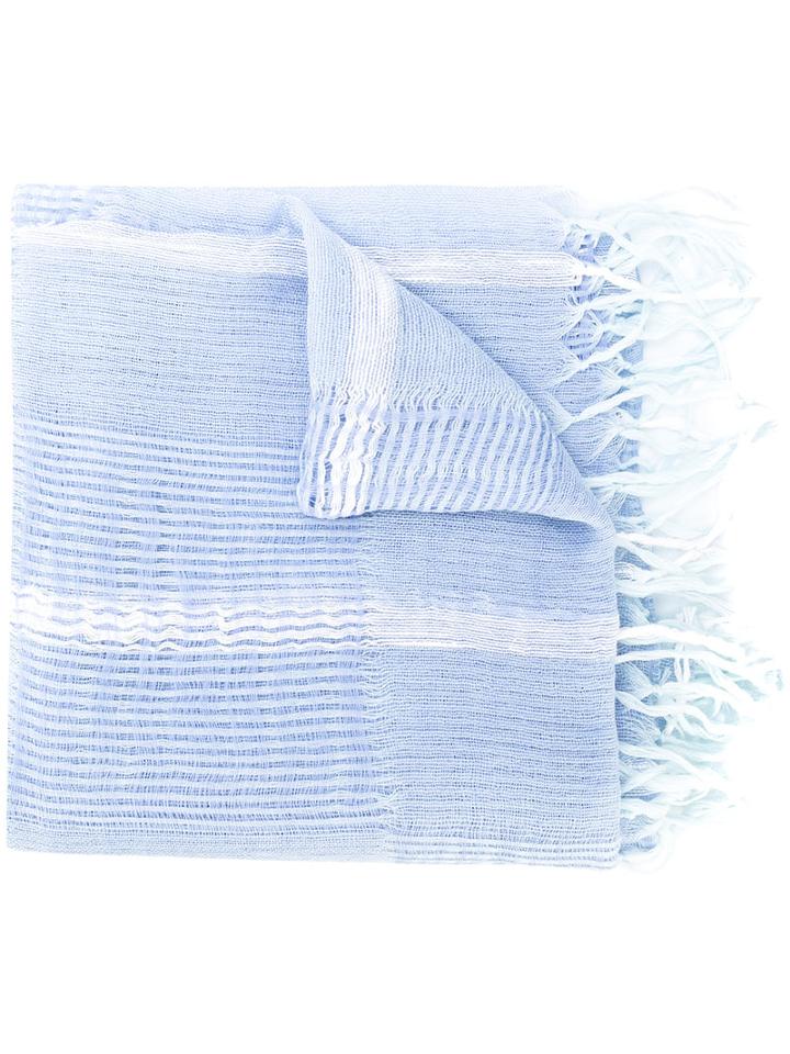 Yohji Yamamoto - Striped Frayed Scarf - Unisex - Cotton/ramie/wool - One Size, Blue, Cotton/ramie/wool