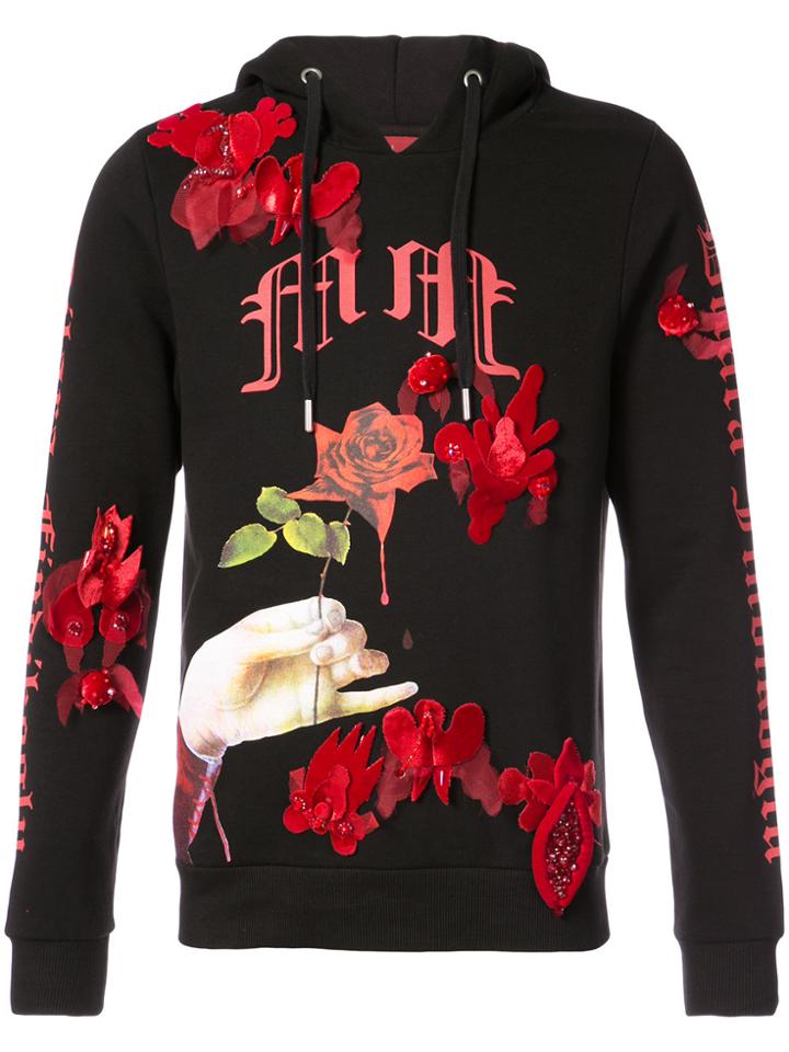 Valentino Sequinned Floral Appliquéd Hoodie - Black