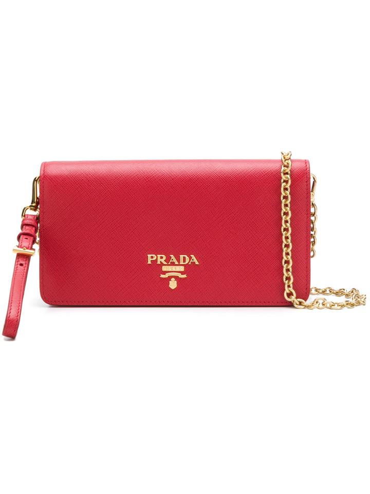Prada Mini Saffiano Chain Wallet - Red