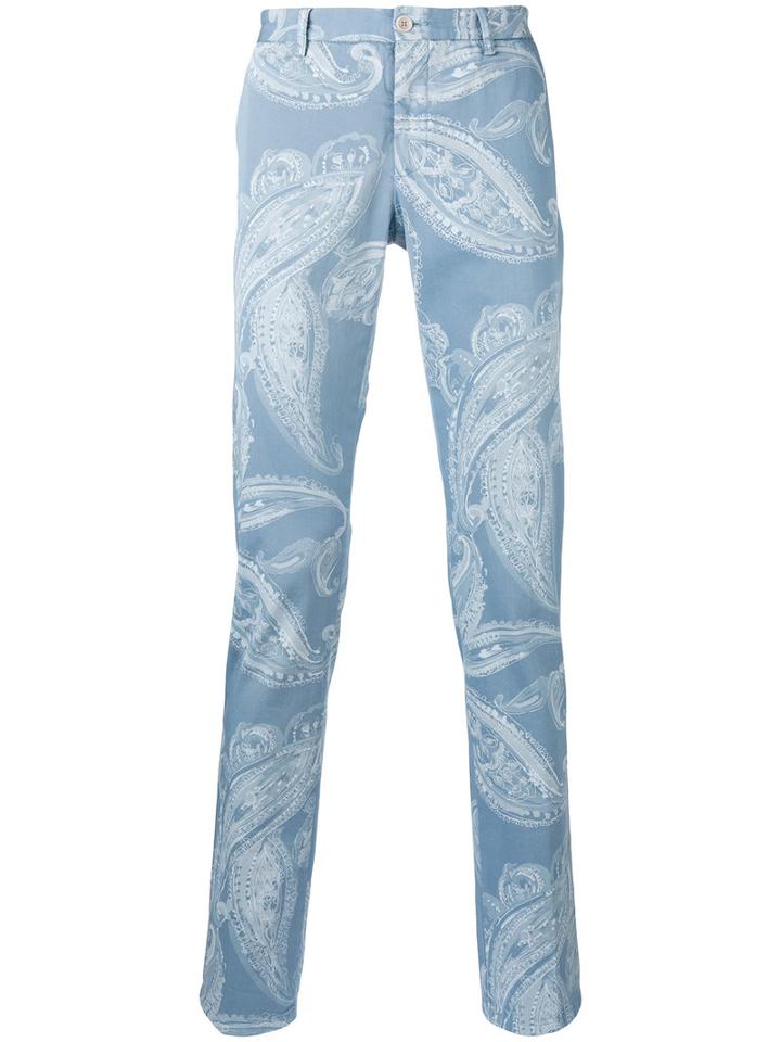 Etro Printed Tapered Trousers, Men's, Size: 46, Blue, Cotton/spandex/elastane