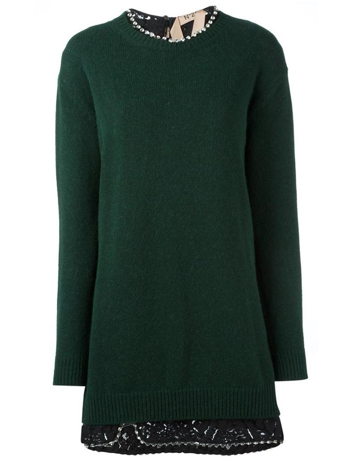 No21 Lace Inset Dress, Women's, Size: 42, Green, Cotton/nylon/polyamide/glass