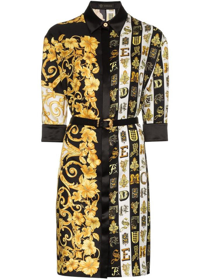 Versace Printed Belted Silk Shirt Dress - Black