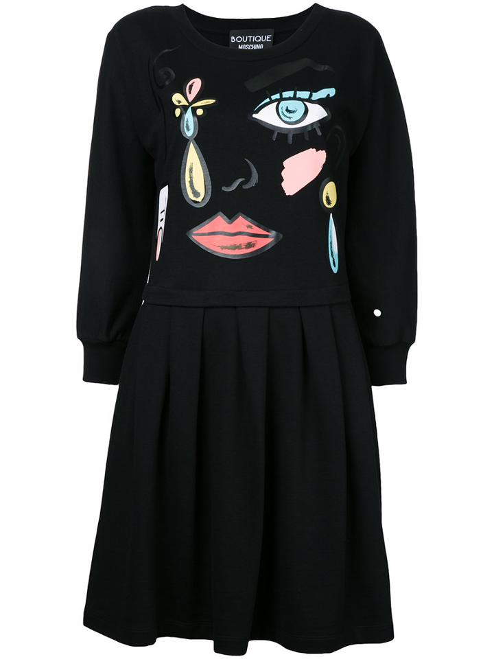 Boutique Moschino Cartoon Face Print Dress, Women's, Size: 46, Black, Cotton