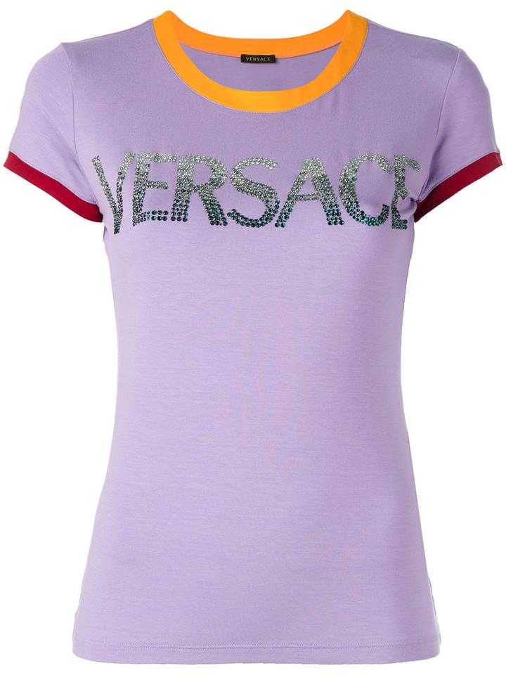 Versace - Contrast Cuff Logo T-shirt - Women - Spandex/elastane/viscose - 40, Pink/purple, Spandex/elastane/viscose