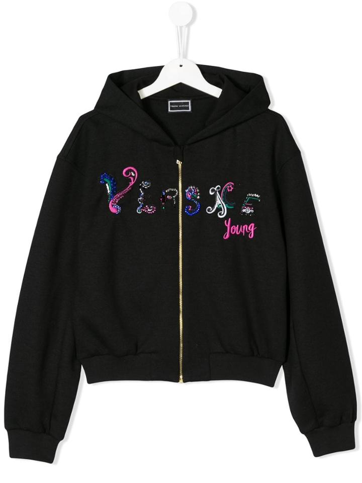 Young Versace Teen Embroidered Logo Zip Hoodie - Black