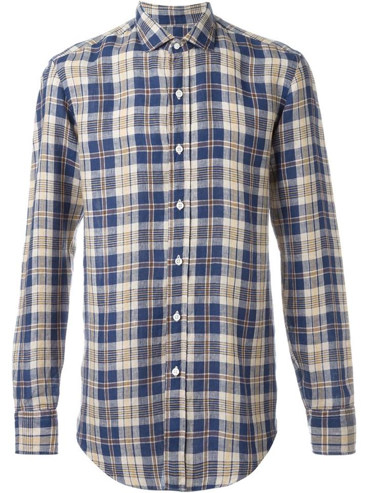 Salvatore Piccolo Plaid Button Down Shirt, Men's, Size: 41, Blue, Linen/flax