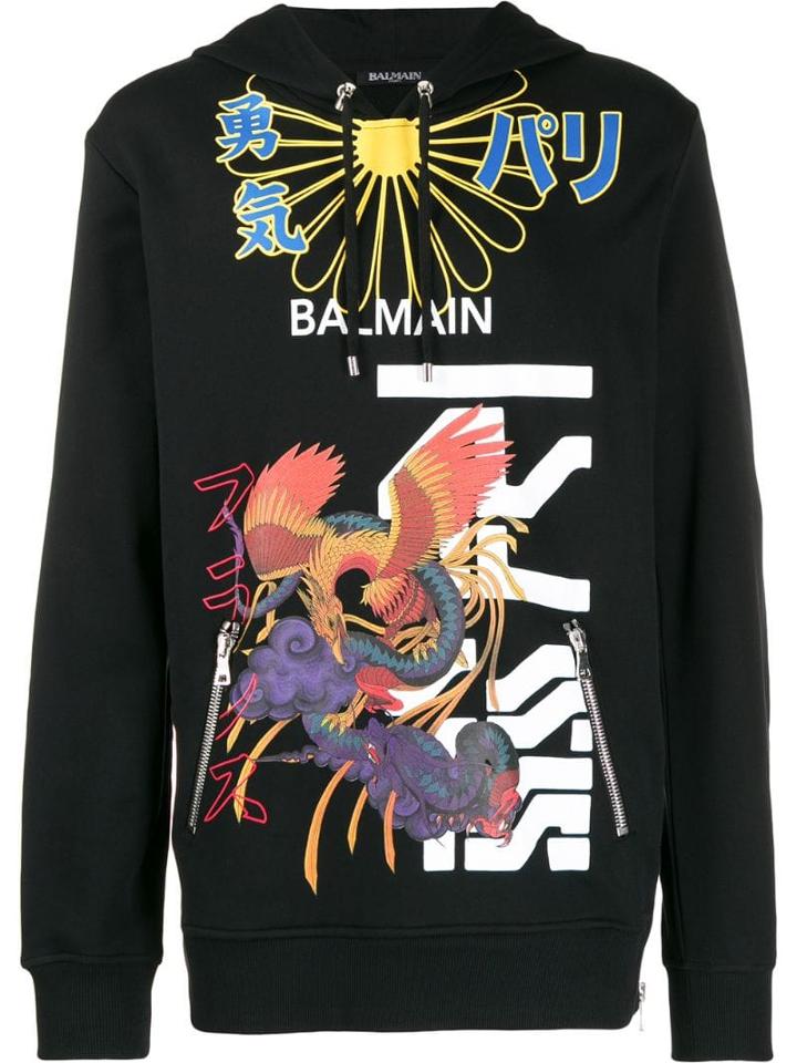 Balmain Japanese Print Hooded Sweatshirt - Black