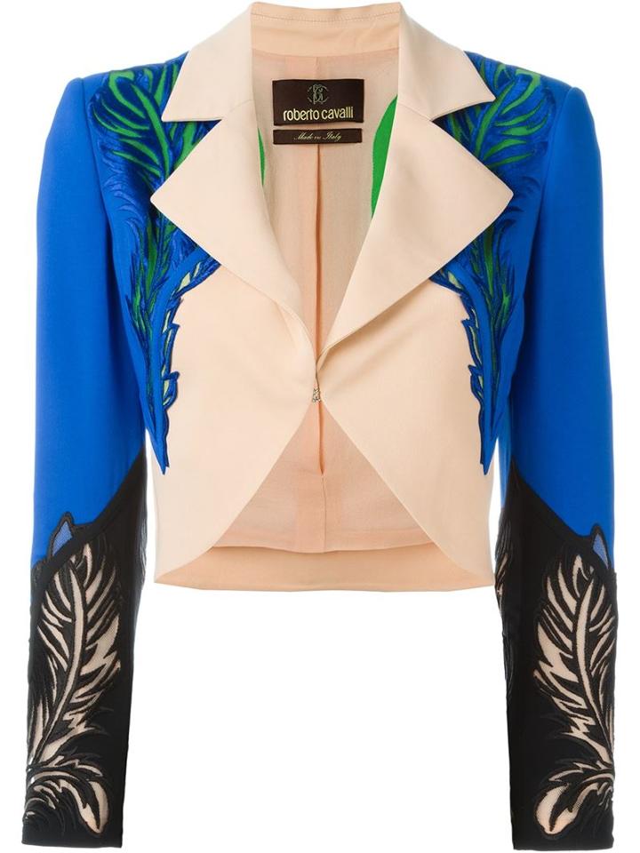 Roberto Cavalli Embroidered Cropped Jacket, Women's, Size: 40, Blue, Silk/viscose/spandex/elastane/polyamide
