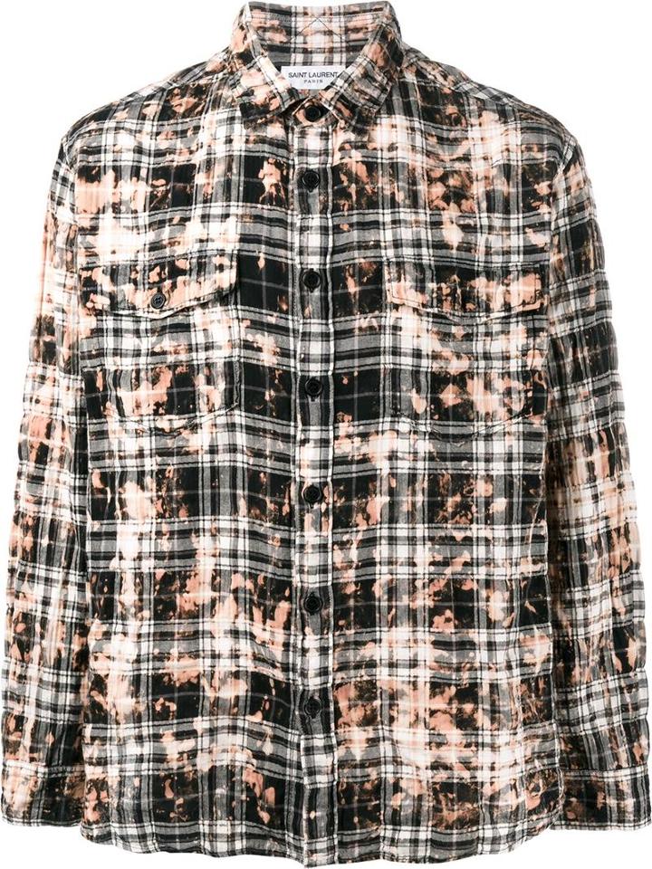 Saint Laurent Distressed Plaid Shirt, Men's, Size: Small, Black, Cotton/spandex/elastane