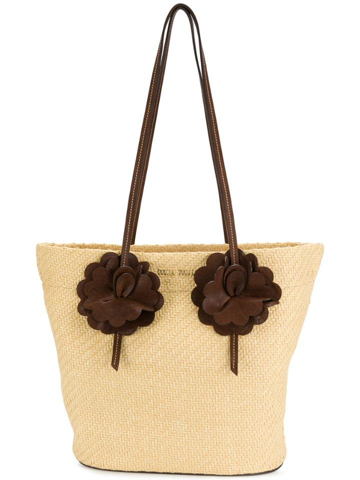 Miu Miu Flower-embellished Woven Tote Bag - Nude & Neutrals