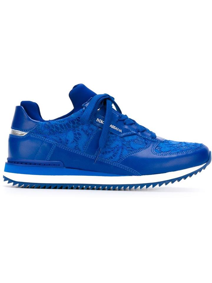 Dolce & Gabbana Lace Panel Sneakers, Women's, Size: 41, Blue, Leather/cotton/rubber