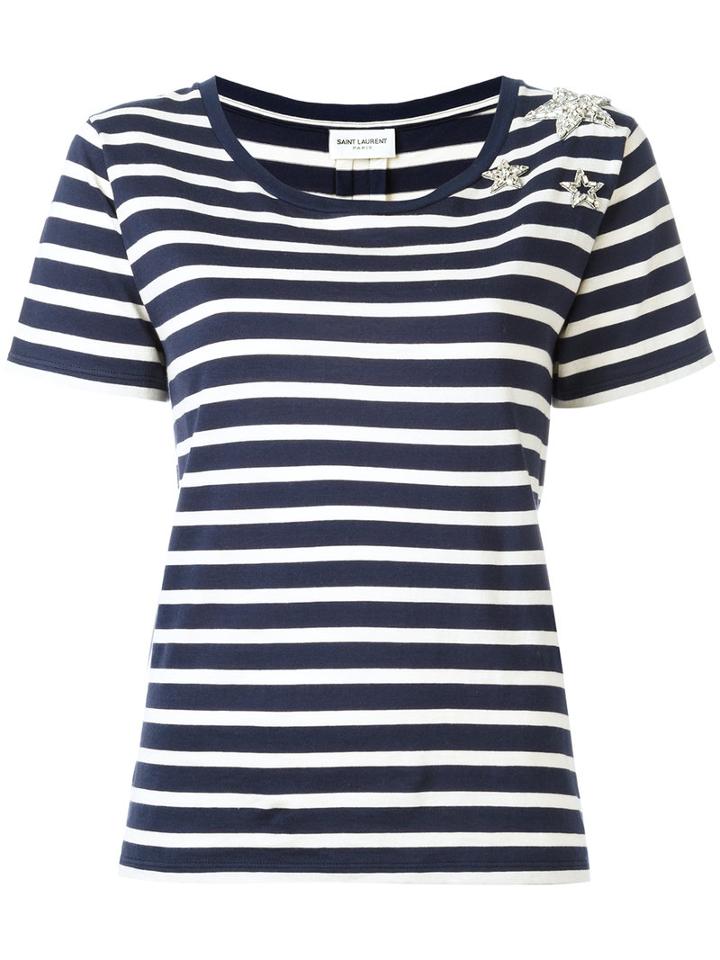 Saint Laurent Star Embellished Striped T-shirt, Size: Large, Blue, Cotton/polyester/glass