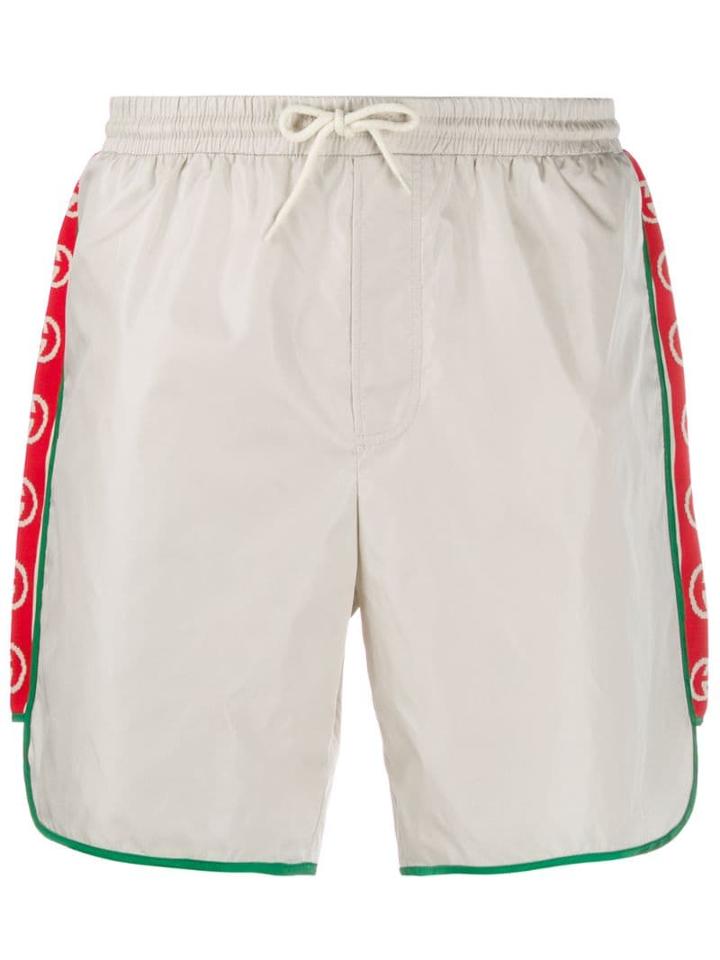 Gucci Nylon Swim Shorts With Logo Stripe - White