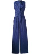 Ports 1961 - Crossed Draped Front Jumpsuit - Women - Silk/cotton - 42, Blue, Silk/cotton