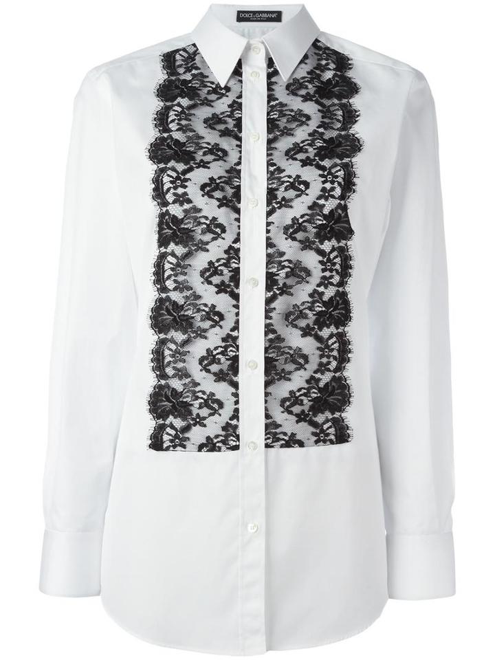 Dolce & Gabbana Lace Bib Shirt, Women's, Size: 46, Black, Cotton/viscose/polyamide