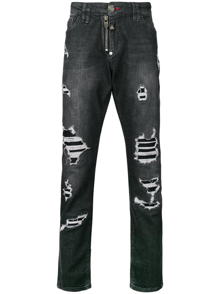 Philipp Plein Ripped Straight Leg Jeans - Black