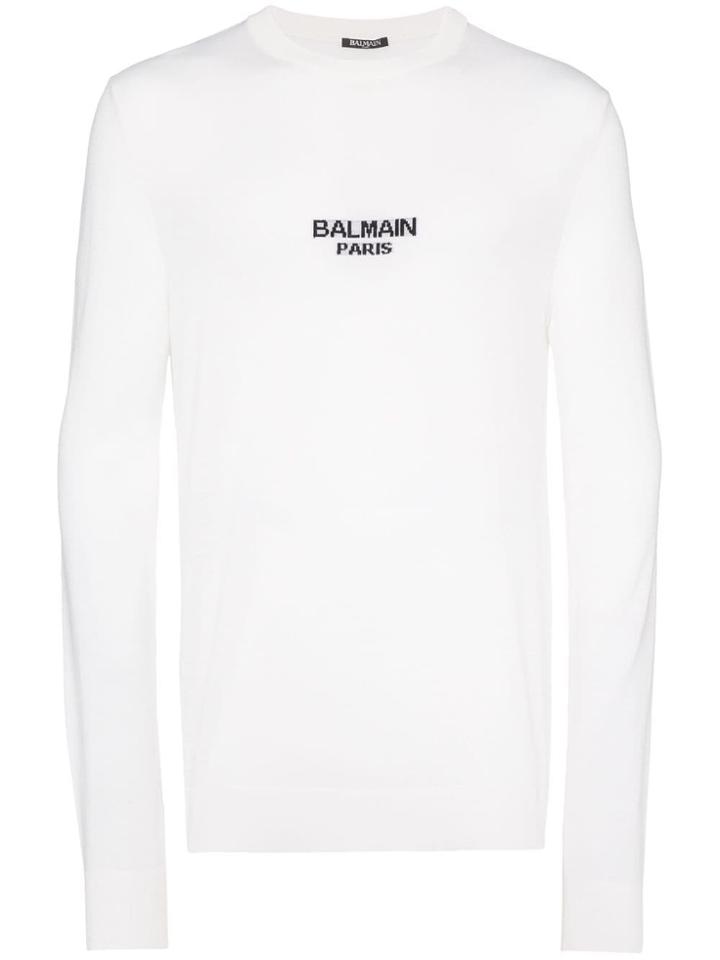 Balmain Crew Neck Wool Intarsia Sweater - White