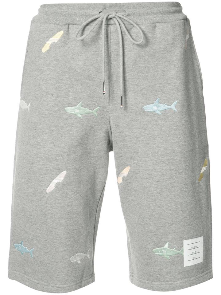 Thom Browne Shark Embroidered Drawstring Sweatshorts, Men's, Size: 1, Grey, Cotton