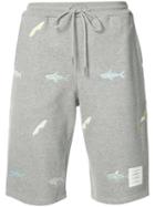 Thom Browne Shark Embroidered Drawstring Sweatshorts, Men's, Size: 1, Grey, Cotton