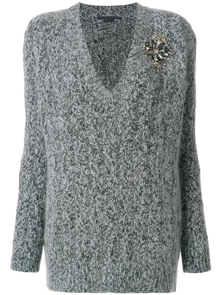 Ermanno Scervino V-neck Cable Knit Applique Sweater - Black