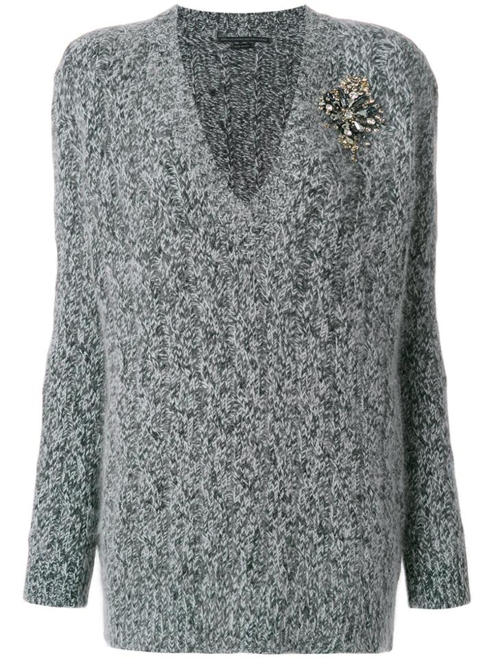 Ermanno Scervino V-neck Cable Knit Applique Sweater - Black