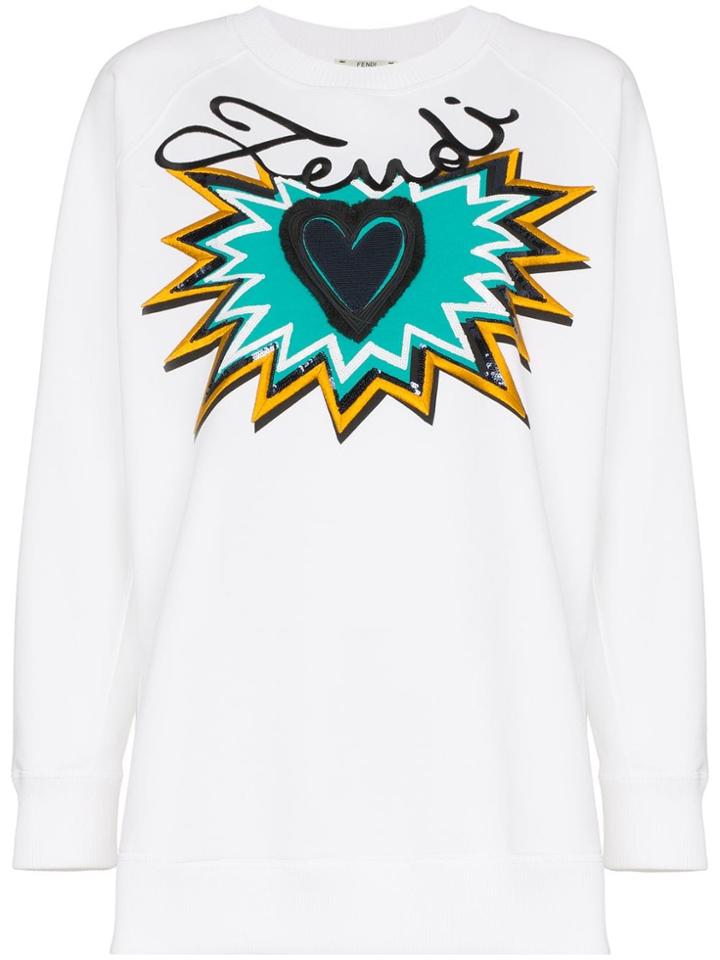 Fendi Long Sleeve 'sequin Heart' Logo Sweater - White