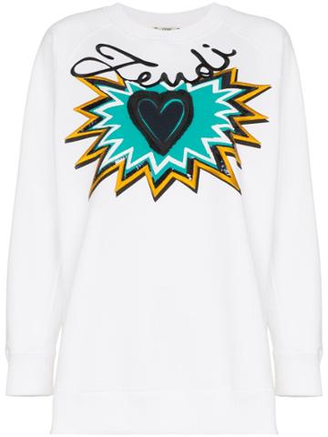 Fendi Long Sleeve 'sequin Heart' Logo Sweater - White