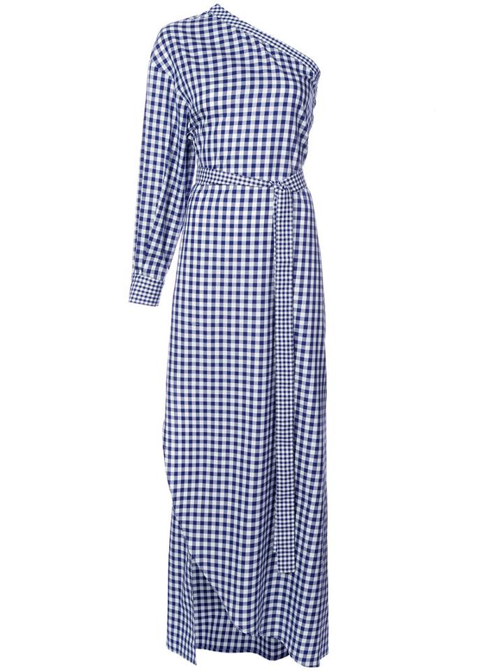 Rosetta Getty - Checked One Shoulder Dress - Women - Cotton - 2, Blue, Cotton