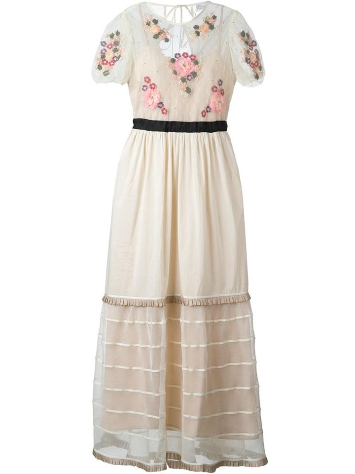 Red Valentino Floral Embellished Flared Long Dress, Women's, Size: 42, Nude/neutrals, Polyester/polyamide/cotton