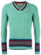 Nuur Striped V-neck Jumper, Men's, Size: 48, Green, Acrylic/nylon/spandex/elastane/merino