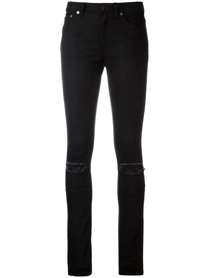Saint Laurent Distressed Skinny Jeans, Women's, Size: 27, Black, Cotton/leather/spandex/elastane/cotton