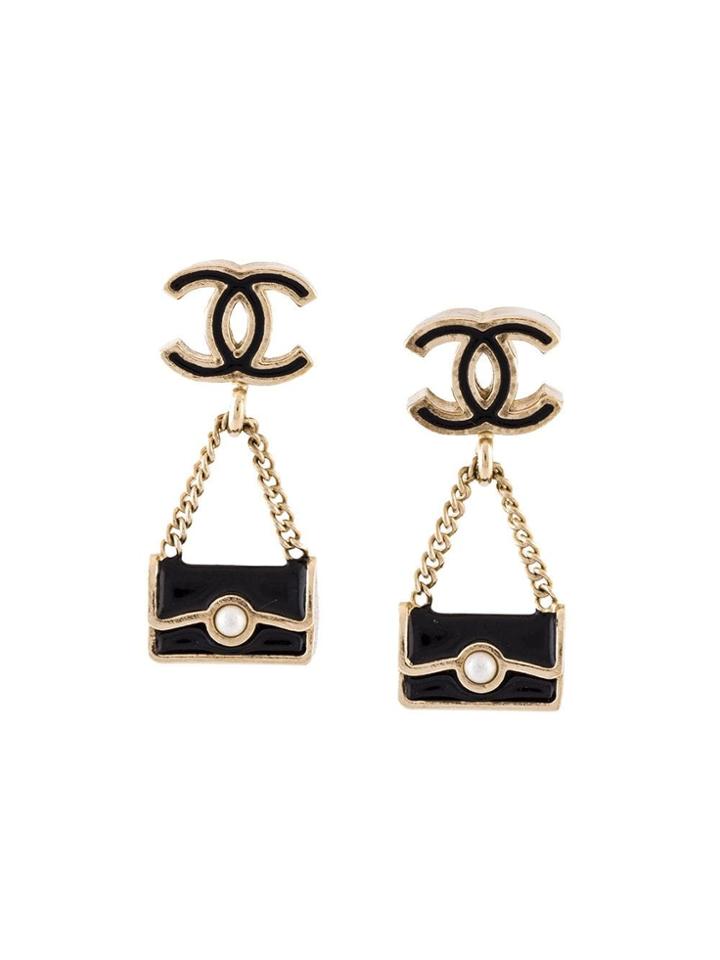 Chanel Vintage Mini Cc Handbag Drop Earrings - Black