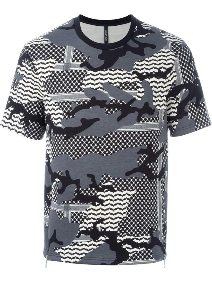 Neil Barrett Camouflage Pattern Short Sleeve Sweatshirt, Men's, Size: L, Black, Lyocell/viscose/cotton/spandex/elastane