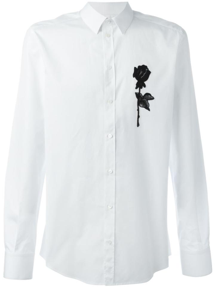 Dolce & Gabbana Rose Appliqué Shirt, Men's, Size: 41, White, Silk/cotton