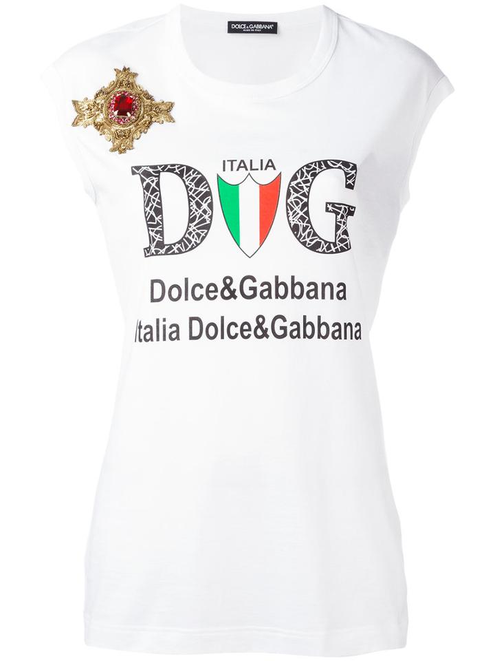 Dolce & Gabbana Emblem Patch Logo Tank Top, Women's, Size: 38, White, Cotton/brass/plastic/silk
