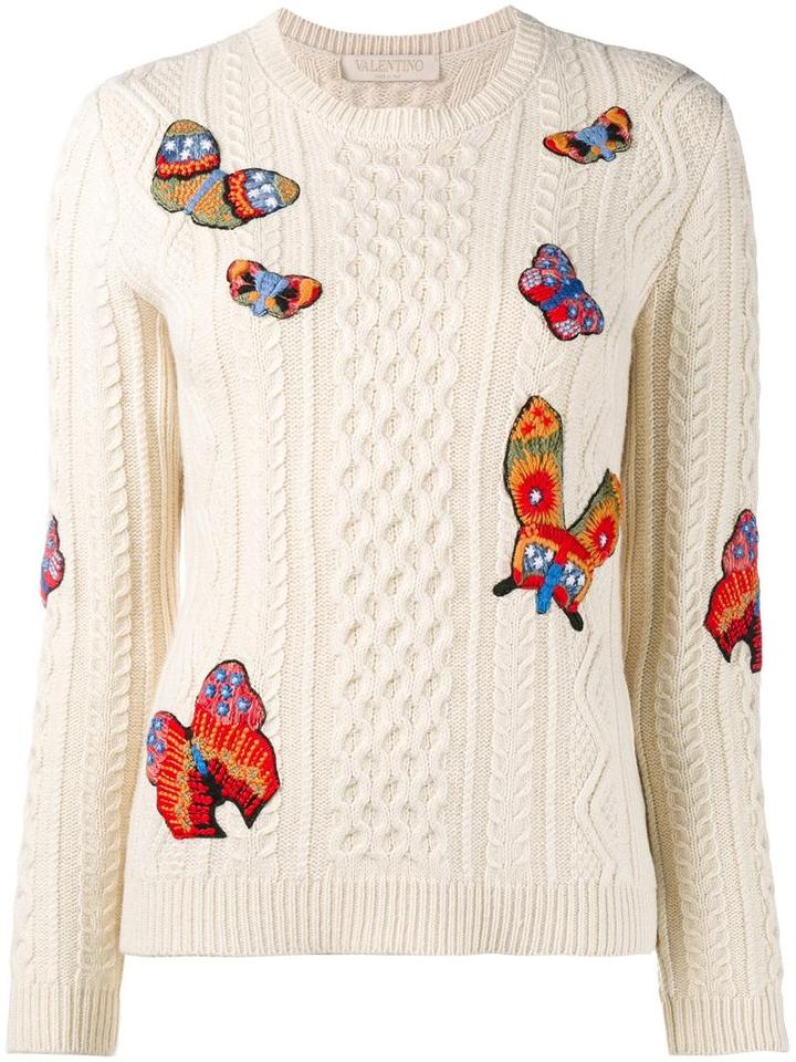 Valentino Butterfly Embroidered Cable Knit Jumper, Women's, Size: Small, Nude/neutrals, Alpaca/yak/polyester/wool