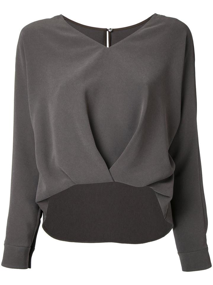 Estnation - V-neck Draped Blouse - Women - Polyester/triacetate - 38, Grey, Polyester/triacetate