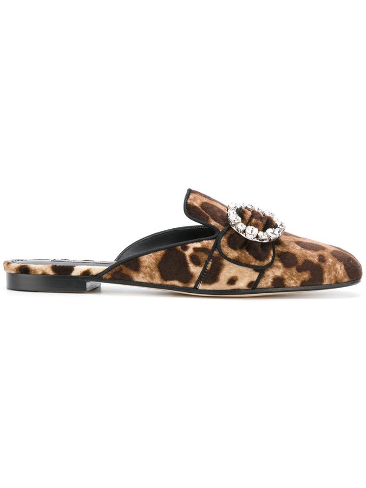 Dolce & Gabbana Leopard Print Mules With Bejewelled Buckle - Brown