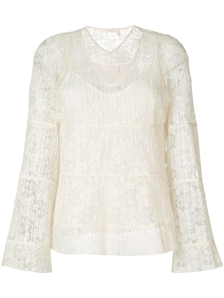 See By Chloé - 'pleated Lace V-neck' Bell Sleeve Blouse - Women - Polyester/viscose - 40, Nude/neutrals, Polyester/viscose