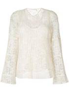 See By Chloé - 'pleated Lace V-neck' Bell Sleeve Blouse - Women - Polyester/viscose - 40, Nude/neutrals, Polyester/viscose