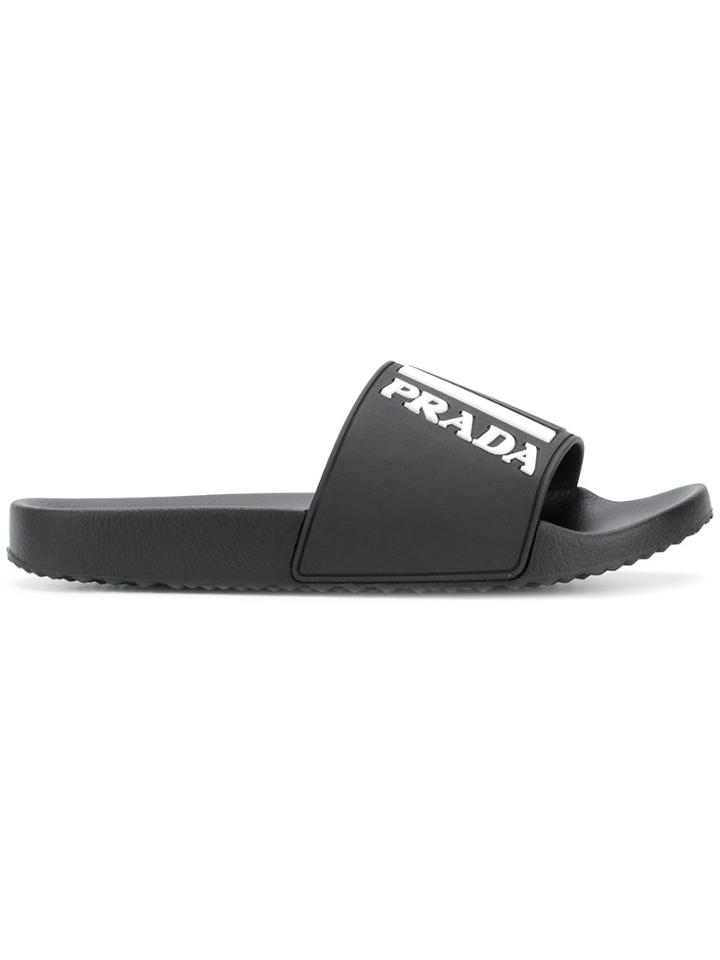 Prada Logo Slide Sandals - Black