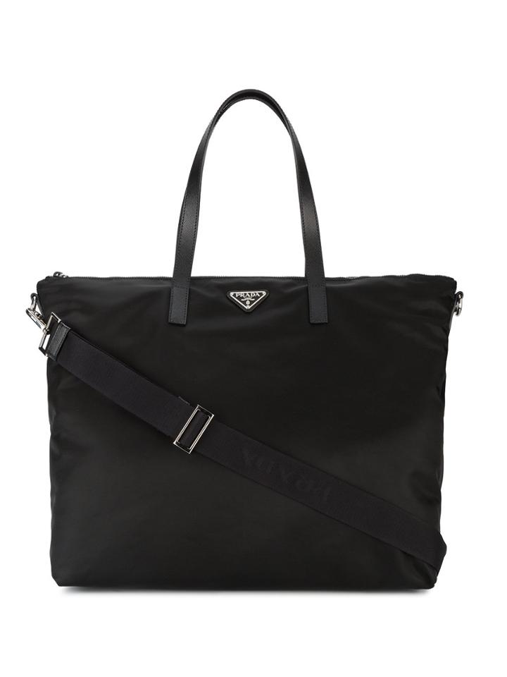 Prada Leather Handle Tote Bag - Black