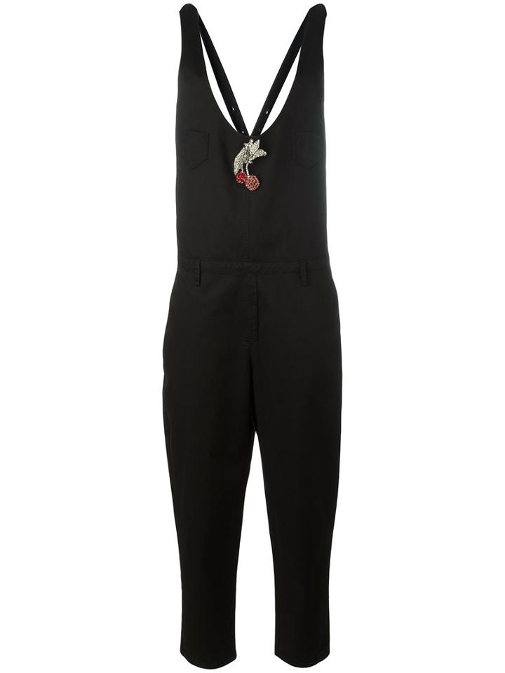 No21 - Cherry Brooch Jumpsuit - Women - Cotton/spandex/elastane - 42, Black, Cotton/spandex/elastane