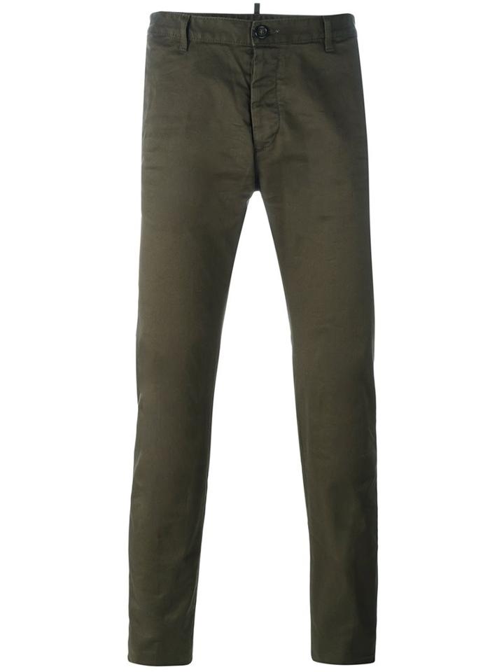 Dsquared2 Creased Slim Fit Trousers, Men's, Size: 46, Green, Cotton/spandex/elastane