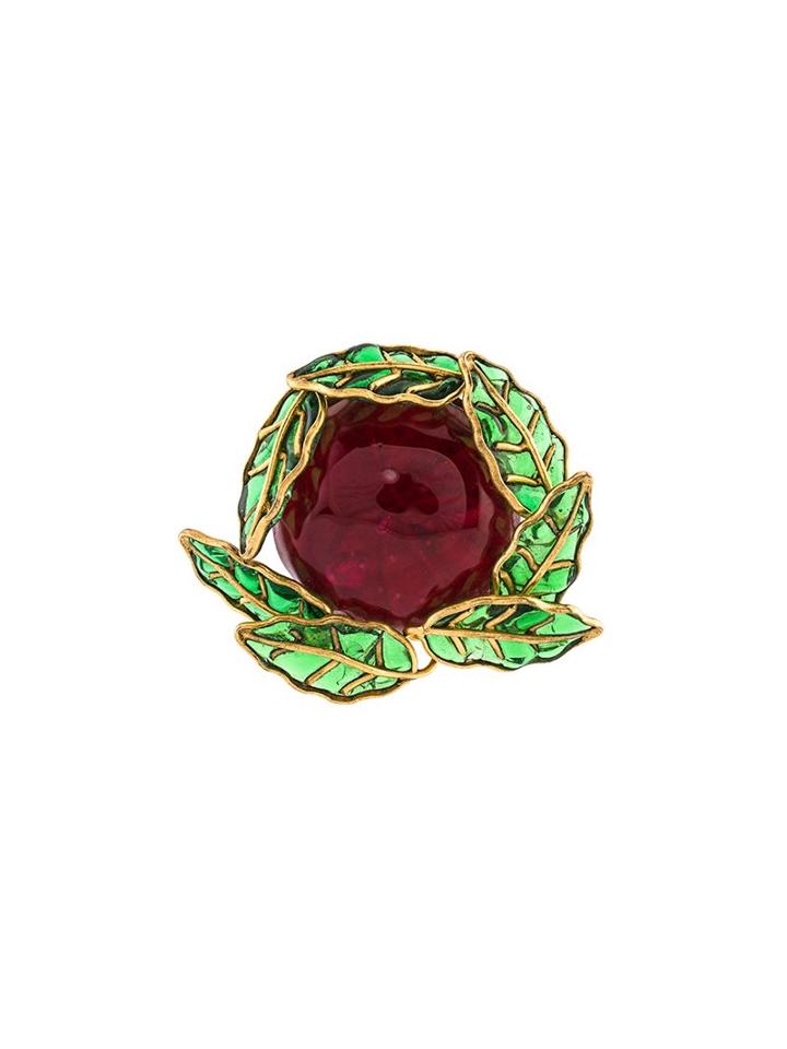 Chanel Vintage Stone Leaf Brooch, Women's, Red