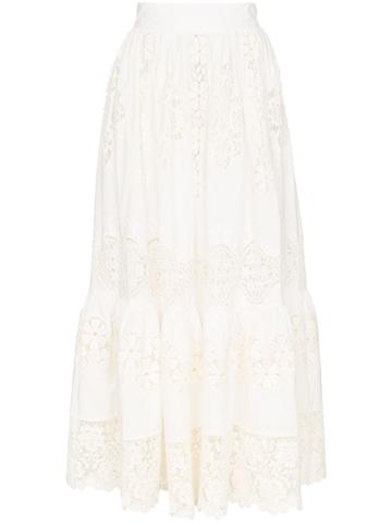 Dolce & Gabbana Tiered Lace Detail High Waisted Midi Skirt - White